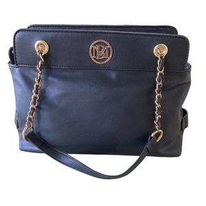 Badgley Mischka Black Vegan Laather Gold Chain Shoulder Bag Purse